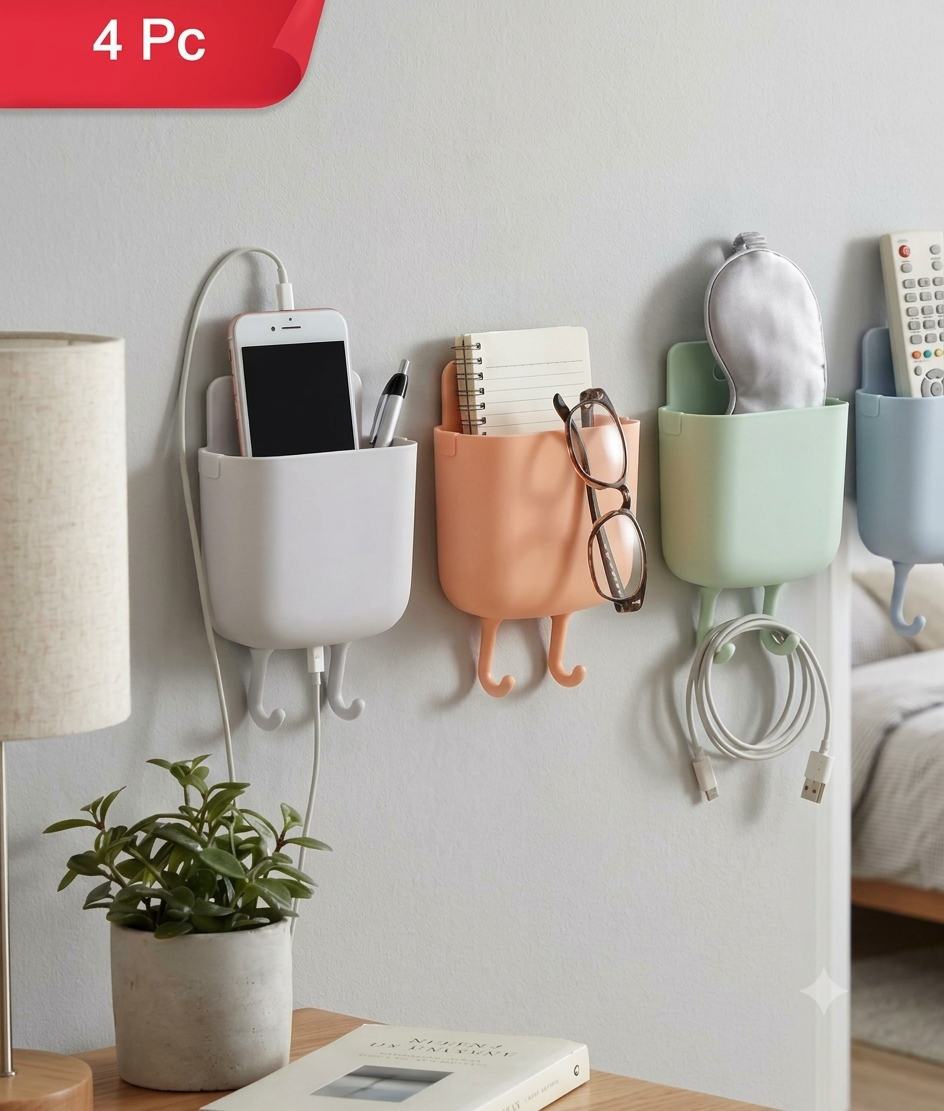 Plastic Wall Mounted Mobile Charging Holder Set – Space Saving 4 Pc